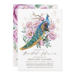 Small Blush Floral Peacock Chinoiserie Bridal Shower Invitation Front View