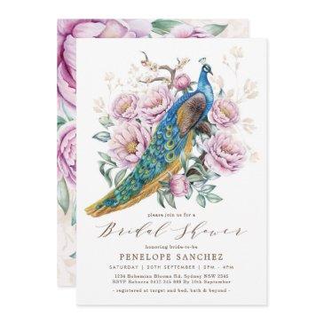 blush floral peacock chinoiserie bridal shower invitation