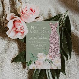 Small Blush Ivory Floral Sage Rose Gold 50th Birthday Invitation Front View