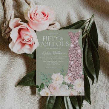 blush ivory floral sage rose gold 50th birthday invitation