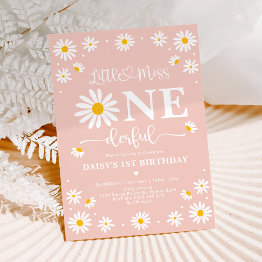 Small Blush Little Miss Onederful Daisy Flowers Birthday Invitation Front View