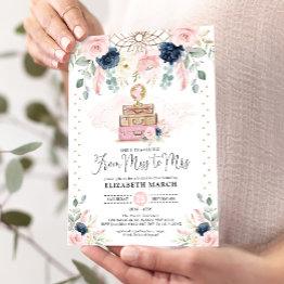 Small Blush Navy Floral Travel Adventure Bridal Shower Invitation Front View