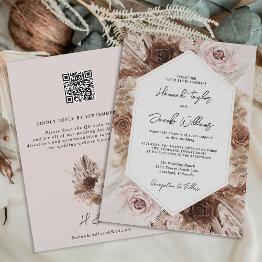 Small Blush Pink Boho Pampas Grass Qr Code Rsvp Wedding Invitation Front View