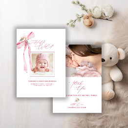Small Blush Pink Bow Photo Baby Shower Thank You Invitations Front View
