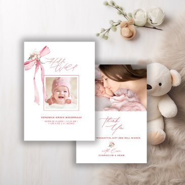 blush pink bow photo baby shower thank you invitations
