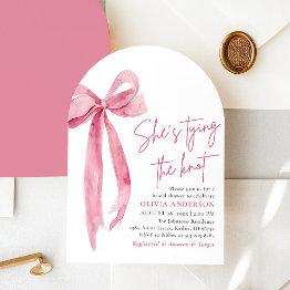 Small Blush Pink Bow She's Tying The Knot Bridal Shower Invitation Front View