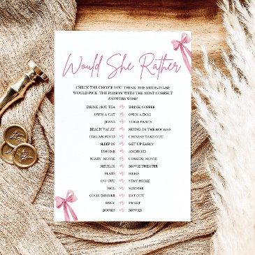 blush pink bow would she rather bridal shower game invitation
