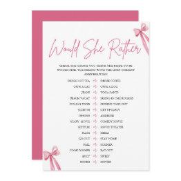 Small Blush Pink Bow Would She Rather Bridal Shower Game Invitation Front View