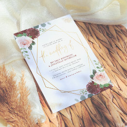 Small Blush Pink & Burgundy Floral Gold Greenery Wedding Invitation Front View