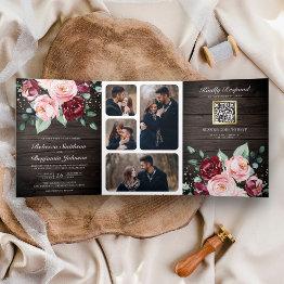 Small Blush Pink Burgundy Floral Qr Code Wood Wedding Tri-fold Invitation Front View