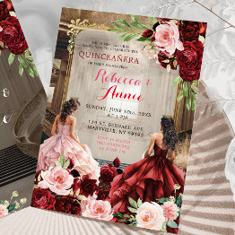 Small Blush Pink Burgundy Red Floral Twins Quinceañera Invitation Front View