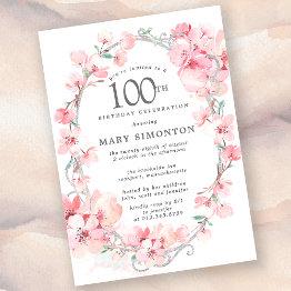 Small Blush Pink Cherry Blossom Floral 100th Birthday Invitation Front View