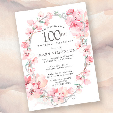 blush pink cherry blossom floral 100th birthday invitation