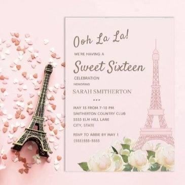 blush pink eiffel tower white floral sweet 16 invitation