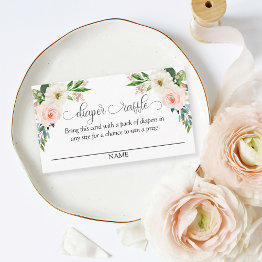 Small Blush Pink Floral Diaper Raffle Script Text Enclosure Invitations Front View