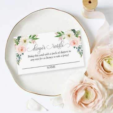 blush pink floral diaper raffle script text enclosure invitations