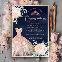 Small Blush Pink Floral Gown Navy Rose Gold Quinceanera Invitation Front View