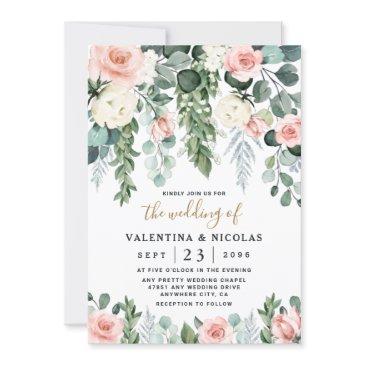 blush pink floral rose garden watercolor wedding invitation