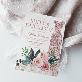 Small Blush Pink Floral Rose Gold Dress 60th Birthday Invitation Front View