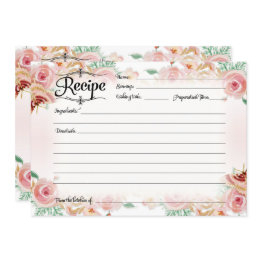 Small Blush Pink Floral Rose Gold Recipe Bridal Shower Invitation Front View
