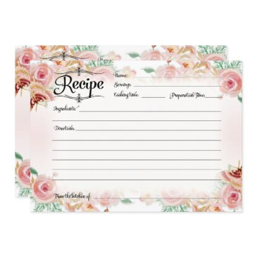 blush pink floral rose gold recipe bridal shower invitation