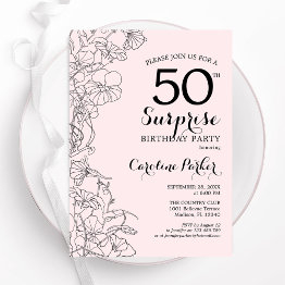 Small Blush Pink Floral Surprise 50th Birthday Party Invitation Front View