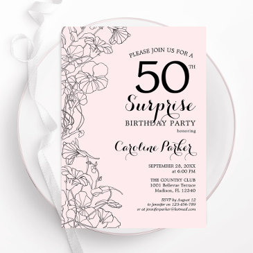blush pink floral surprise 50th birthday party invitation