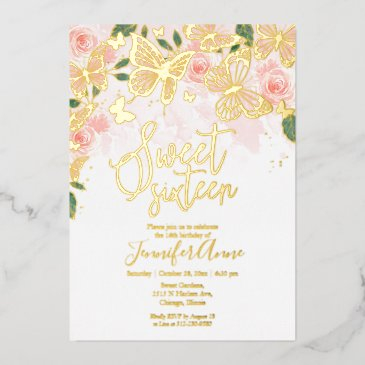 blush pink floral sweet 16 butterfly gold foil invitation