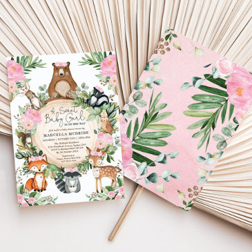 blush pink floral woodland forest girl baby shower invitation