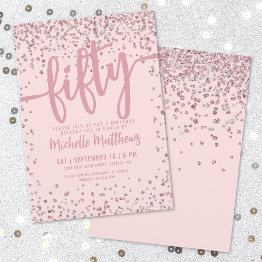 Small Blush Pink Glitter 50th Birthday Invitation Front View