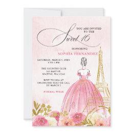 Small Blush Pink Gold Eiffel Tower Paris Sweet 16 Invitation Front View