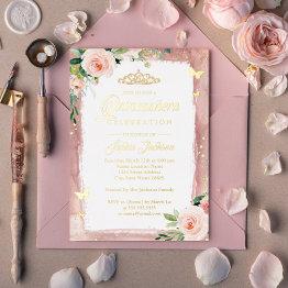 Small Blush Pink Gold Quinceanera Floral Sparkle Tiara  Foil Invitation Front View