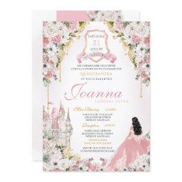 Small Blush Pink Gold Royal Princess Castle Quinceanera Invitation Front View
