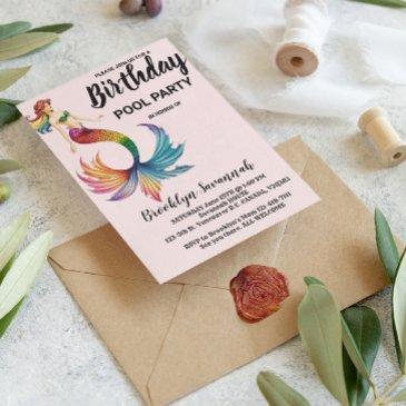 blush pink gold turquoise mermaid tail pool party postinvitations