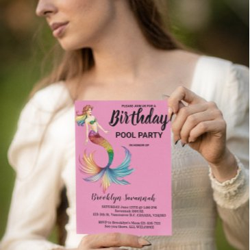 blush pink gold turquoise mermaid tail pool party postinvitations