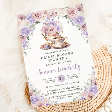blush pink lilac white floral bridal shower tea invitation