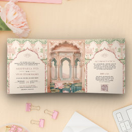 Small Blush Pink Mint Green Lotus Garden Indian Wedding Tri-fold Invitation Front View