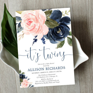 blush pink navy blue floral twins baby shower invitation