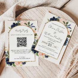 Small Blush Pink Navy Floral Arch Qr Code Rsvp Wedding Invitation Front View
