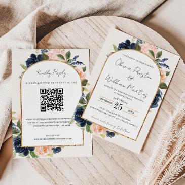 blush pink navy floral arch qr code rsvp wedding invitation