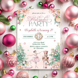 Small Blush Pink Nutcracker Girls Birthday Party Invitation Front View