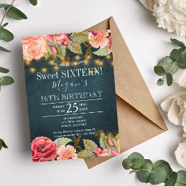 Small Blush Pink Peach Navy Gold String Lights Sweet 16 Invitation Front View