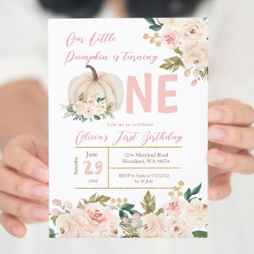 blush pink pumpkin turning one birthday invitation