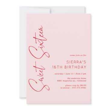 blush pink red script sweet 16 birthday party invitation