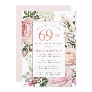blush pink rose floral 69th birthday party invitation
