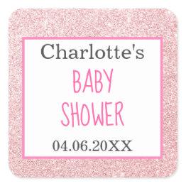 Small Blush Pink Rose Gold Glitter Sparkle Baby Shower Square Sticker Front View