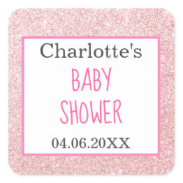 Small Blush Pink Rose Gold Glitter Sparkle Baby Shower Square Sticker Front View
