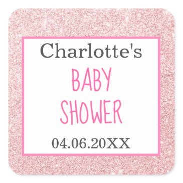 blush pink rose gold glitter sparkle baby shower square sticker