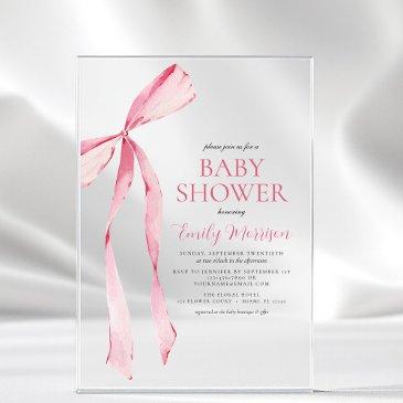 blush pink watercolor bow girl baby shower acrylic invitations