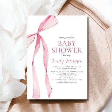 blush pink watercolor bow girl baby shower invitation